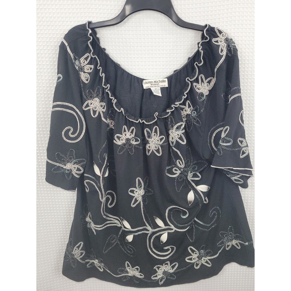 Lauren Michelle Woman Black with Metallic Silver Embroidered Top Size 2X